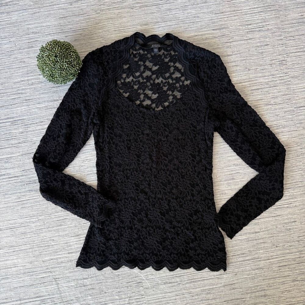 GUESS Vintage Black Floral Lace Crochet Long Sleeve Top Size Medium